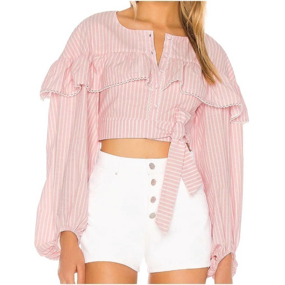 New Lovers + Friends Halle Crop Top Women’s M Pink Stripe Poplin Balloon Sleeve